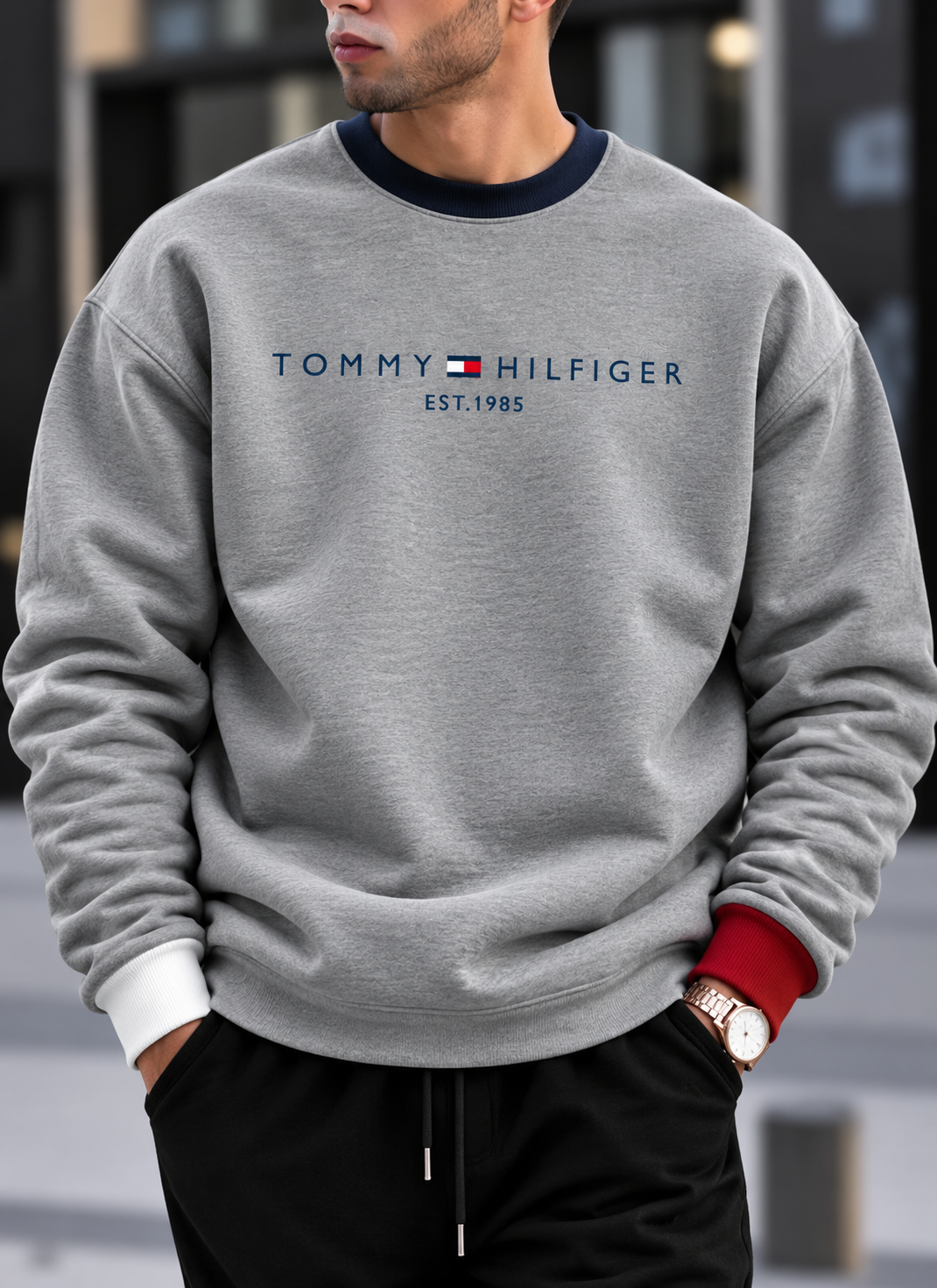 New Tommy Hilfiger Oversized Round Fit Ringer Sweatshirt