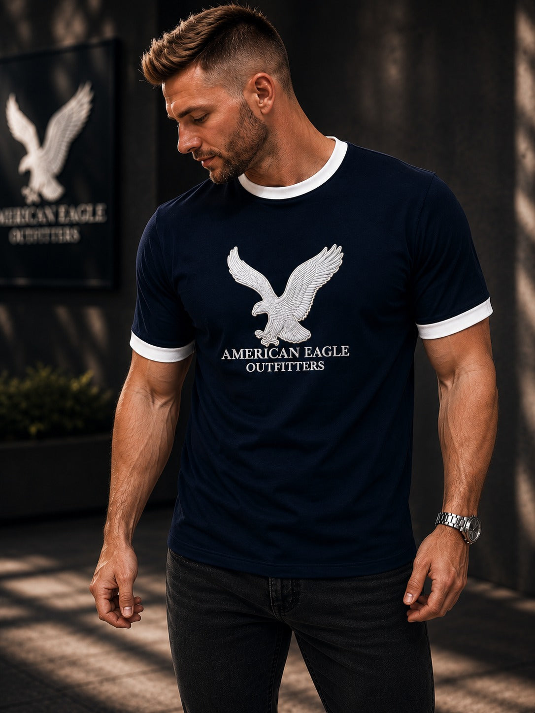 New American Eagle Regular Ringer Printed T-shirt
